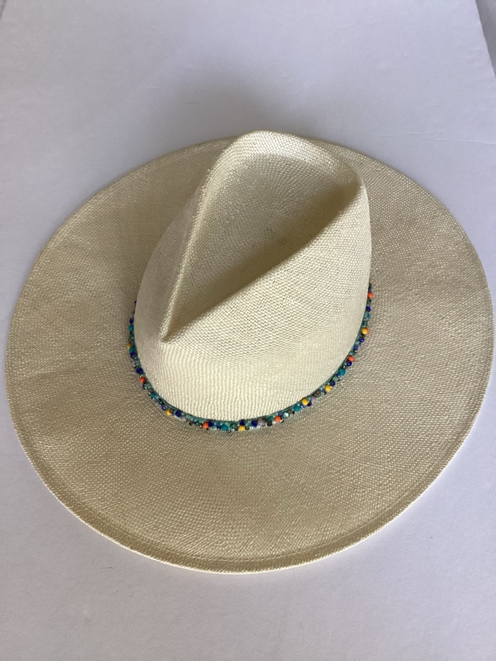 Eugenia Kim Wide Brim Straw Fedora Hat Beaded Band Resort Coastal Chic